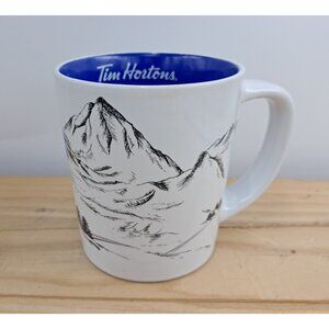 Tim Hortons Coffee Mug 2018 Mountain Landscape Scene White Blue Ceramic Cup